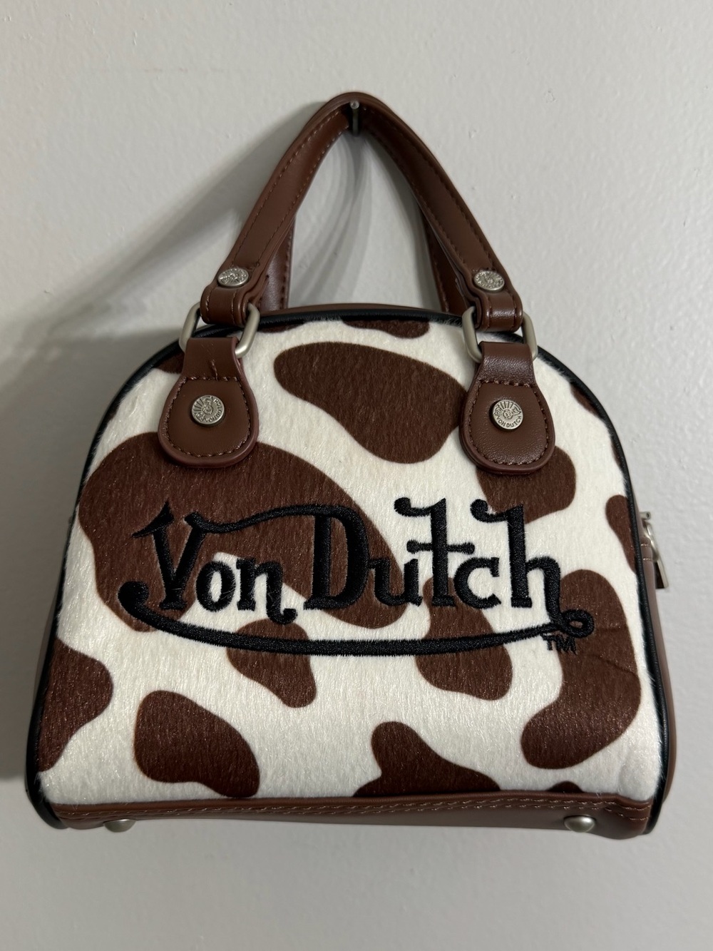 Von Dutch Brown & White Cow Print Vegan Pony Hair Bowling Bag